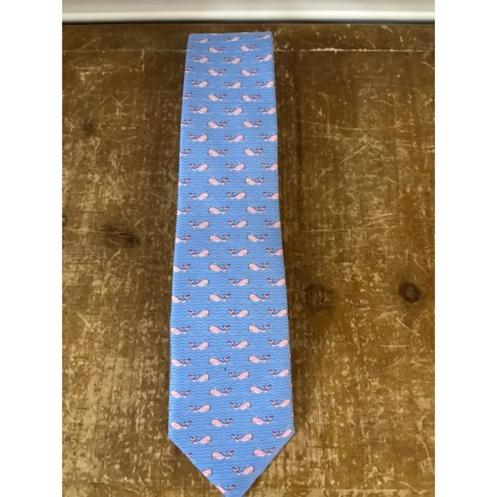 100% Silk Tie Whale Logo Nautical Preppy Light Blue and Pink Coastal